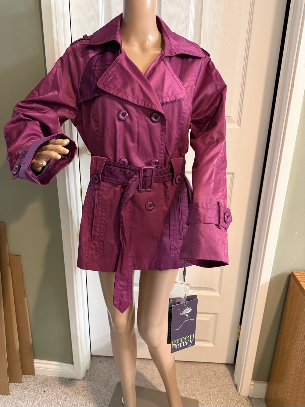 NWT Green Envy Coat Double Breasted Purple L Belted Plaid Trim